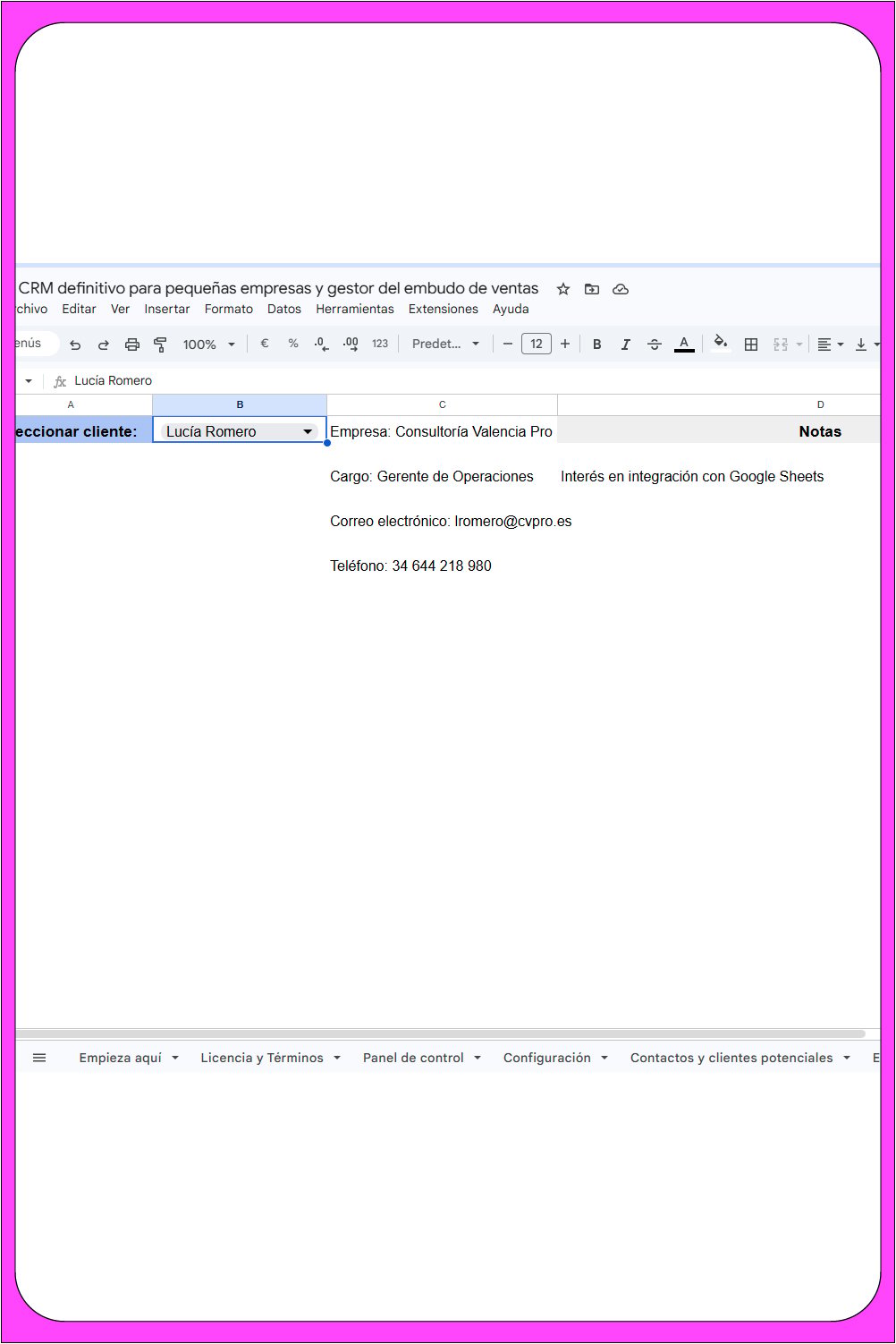 Herramienta de búsqueda en Google Sheets CRM que filtra y muestra la ficha completa de un cliente seleccionado mediante fórmulas automáticas en español.