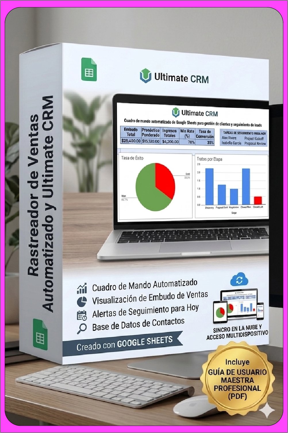 Imagen de portada de una caja de software en español junto a una laptop que muestra el panel de control del CRM en Google Sheets con gráficos e instrucciones.