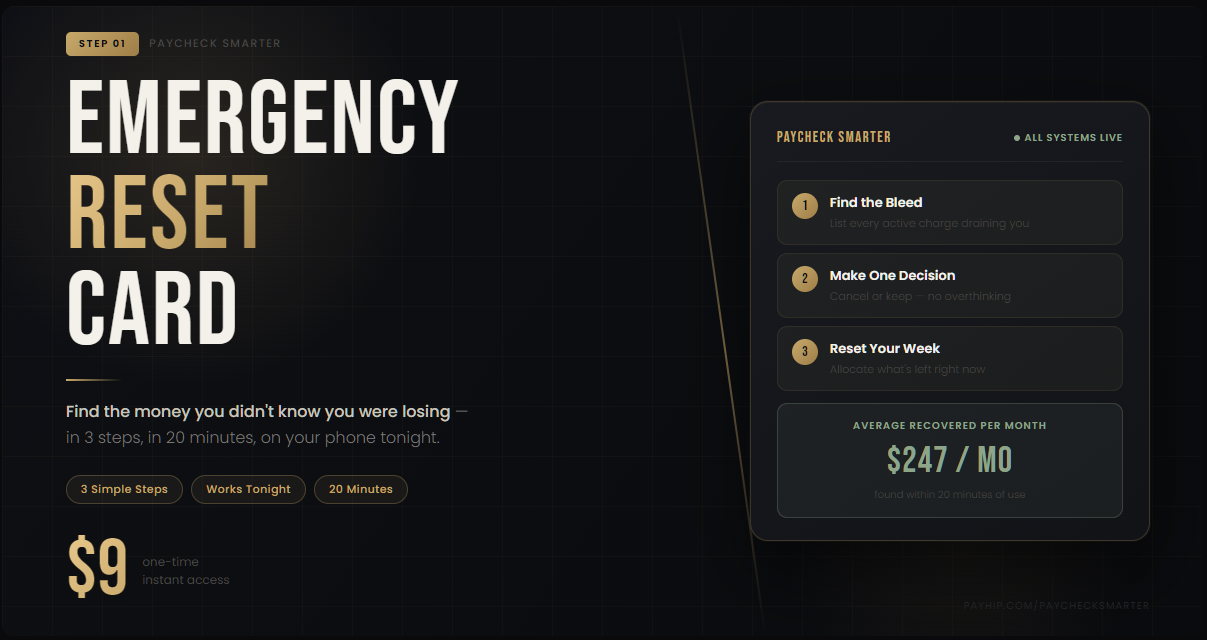 Emergency Reset Card digital download — dark mode subscription audit worksheet showing $147/month stat by Paycheck Smarter