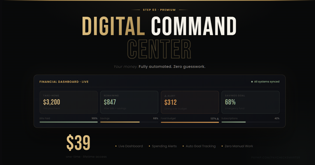 Digital Command Center Google Sheets dashboard showing live spending bars with OK/WATCH/OVER alerts and bill tracker by Paycheck Smarter