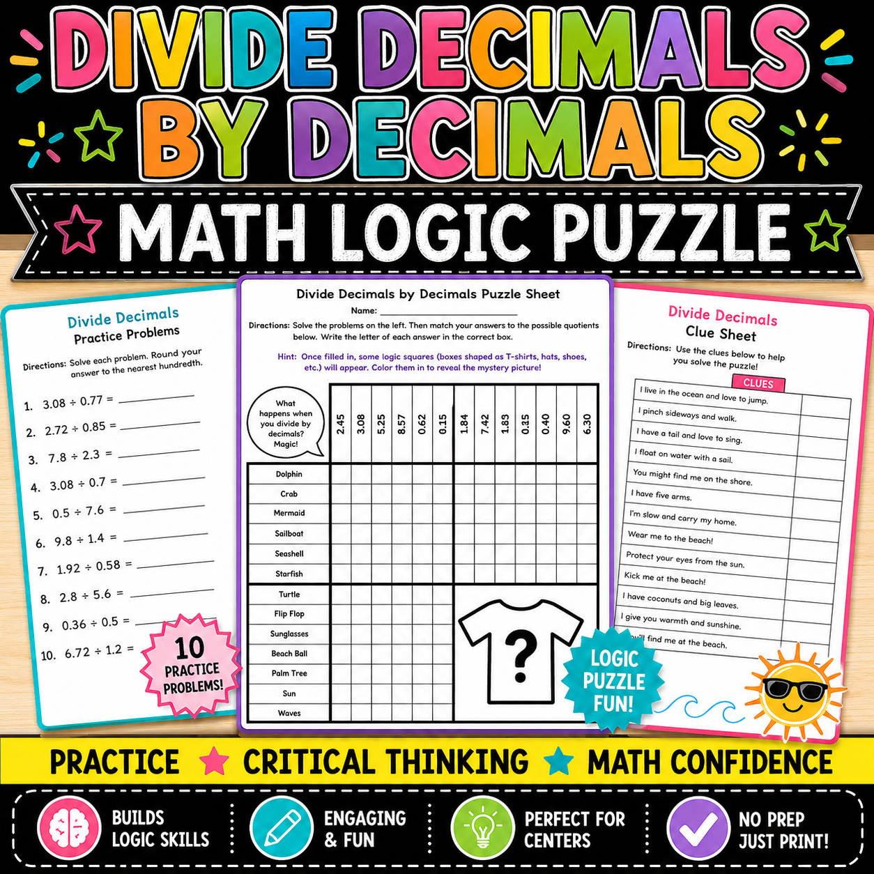 Dividing Decimals by Decimals Activity with Long Division Worksheets Math Puzzle