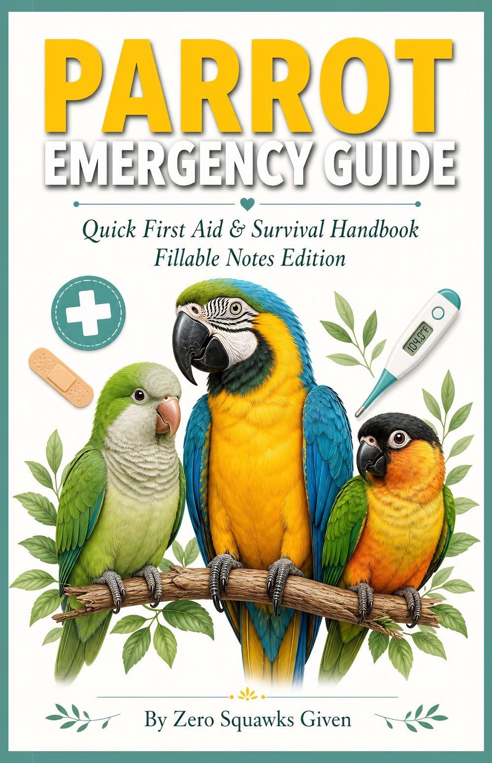Cover of the Parrot Emergency Guide: Quick First Aid & Survival Handbook, Fillable Notes Edition by Zero Squawks Given, featuring three illustrated parrots perched on a branch with first-aid icons, a thermometer, bandage, and leafy accents on a clean whit