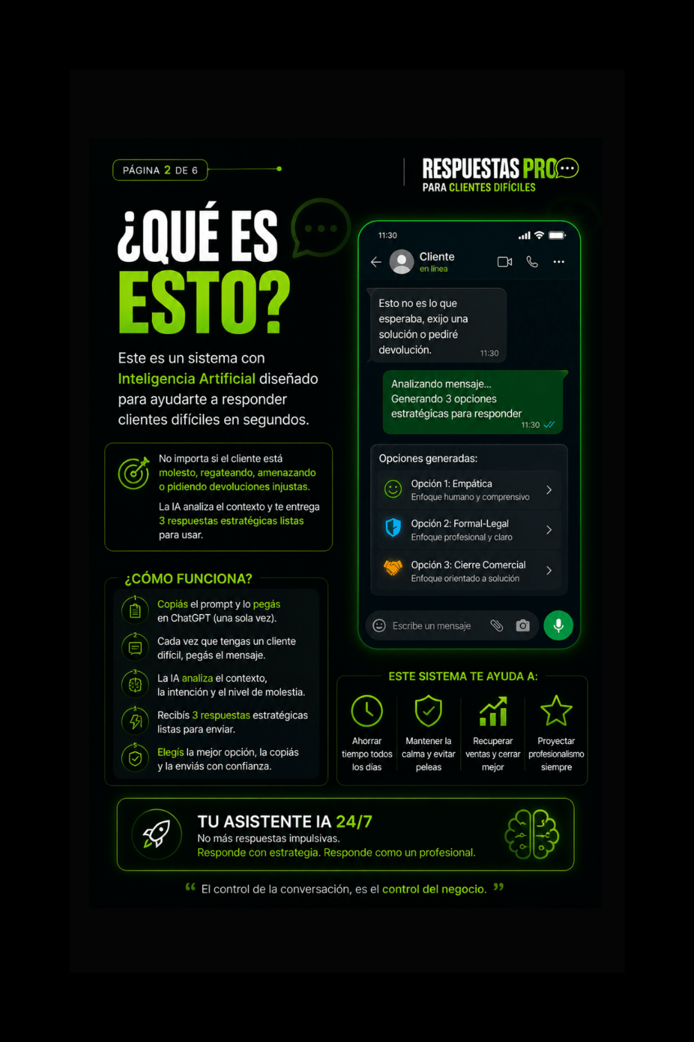 Asistente de inteligencia artificial para WhatsApp Business que ayuda a emprendedores a generar respuestas profesionales para clientes difíciles usando ChatGPT