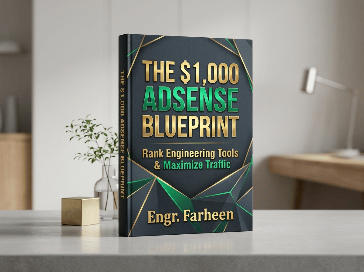3D premium eBook mockup of The $1,000 AdSense Blueprint by Engr. Farheen standing vertically on a minimalist studio desk, showcasing a dark charcoal cover with metallic gold and emerald green typography for tool bloggers.