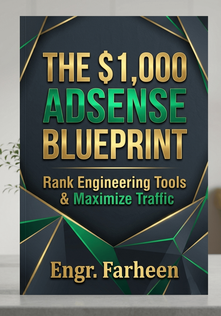 High-resolution flat front cover design of The $1,000 AdSense Blueprint by Engr. Farheen, featuring modern emerald green and gold geometric frames on a dark dark slate background for a premium technical guide layout.