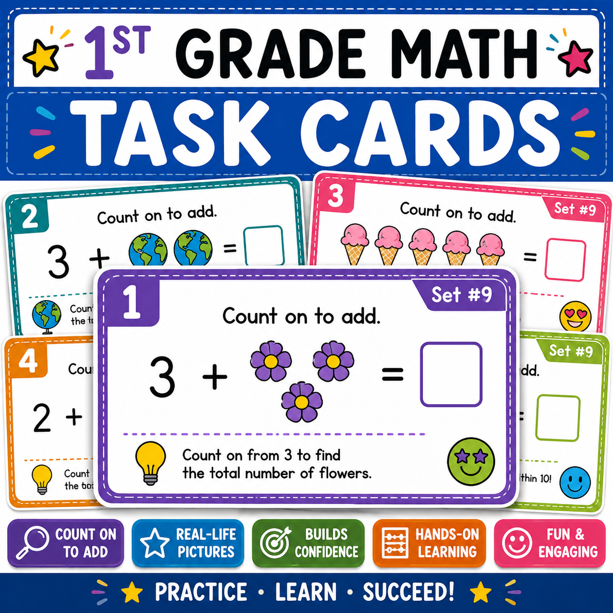 Count On Within 10 Task Cards | First Grade Math Activities Using Objects