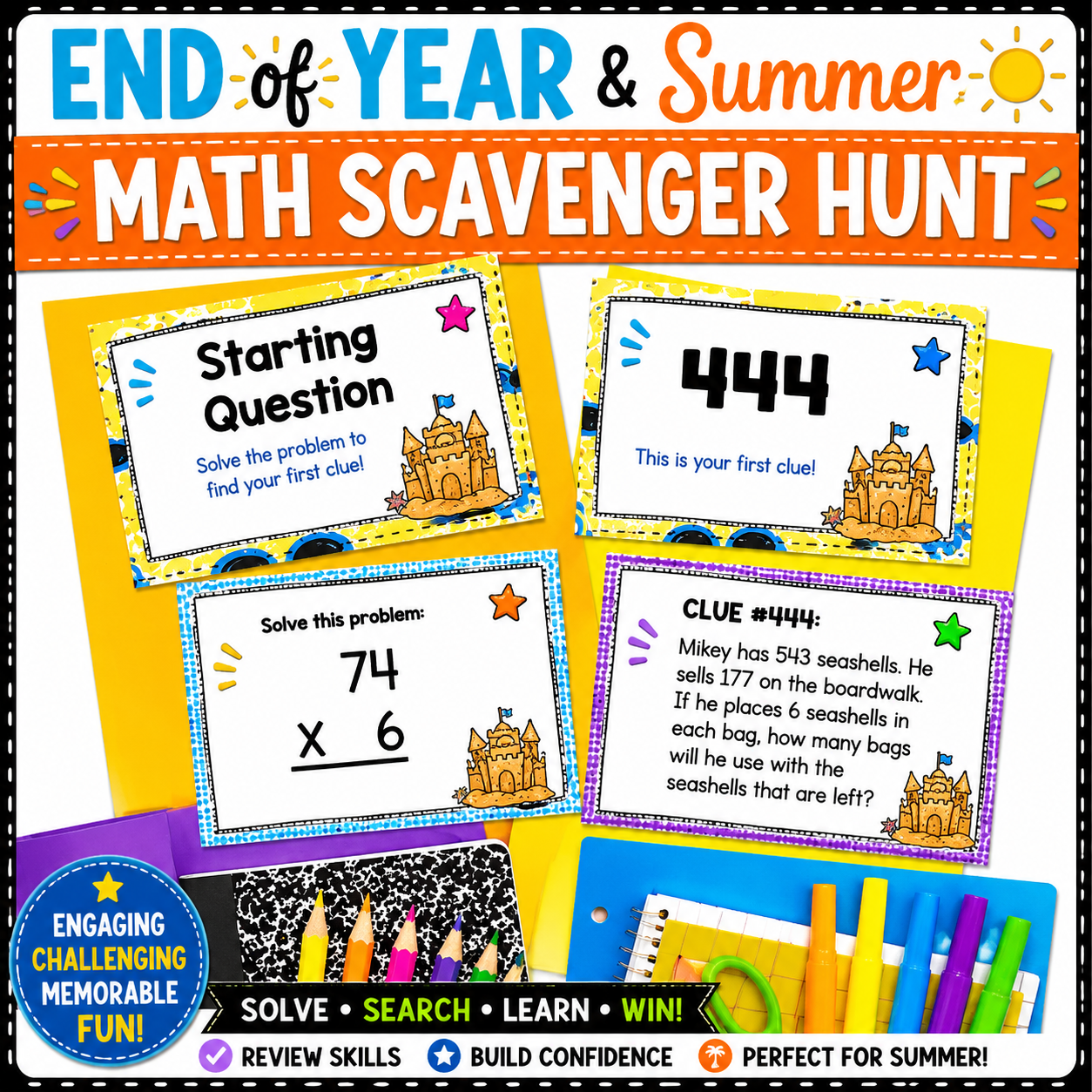 End-of-Year Summer Math Activities | Word Problems Scavenger Hunt & Test Prep