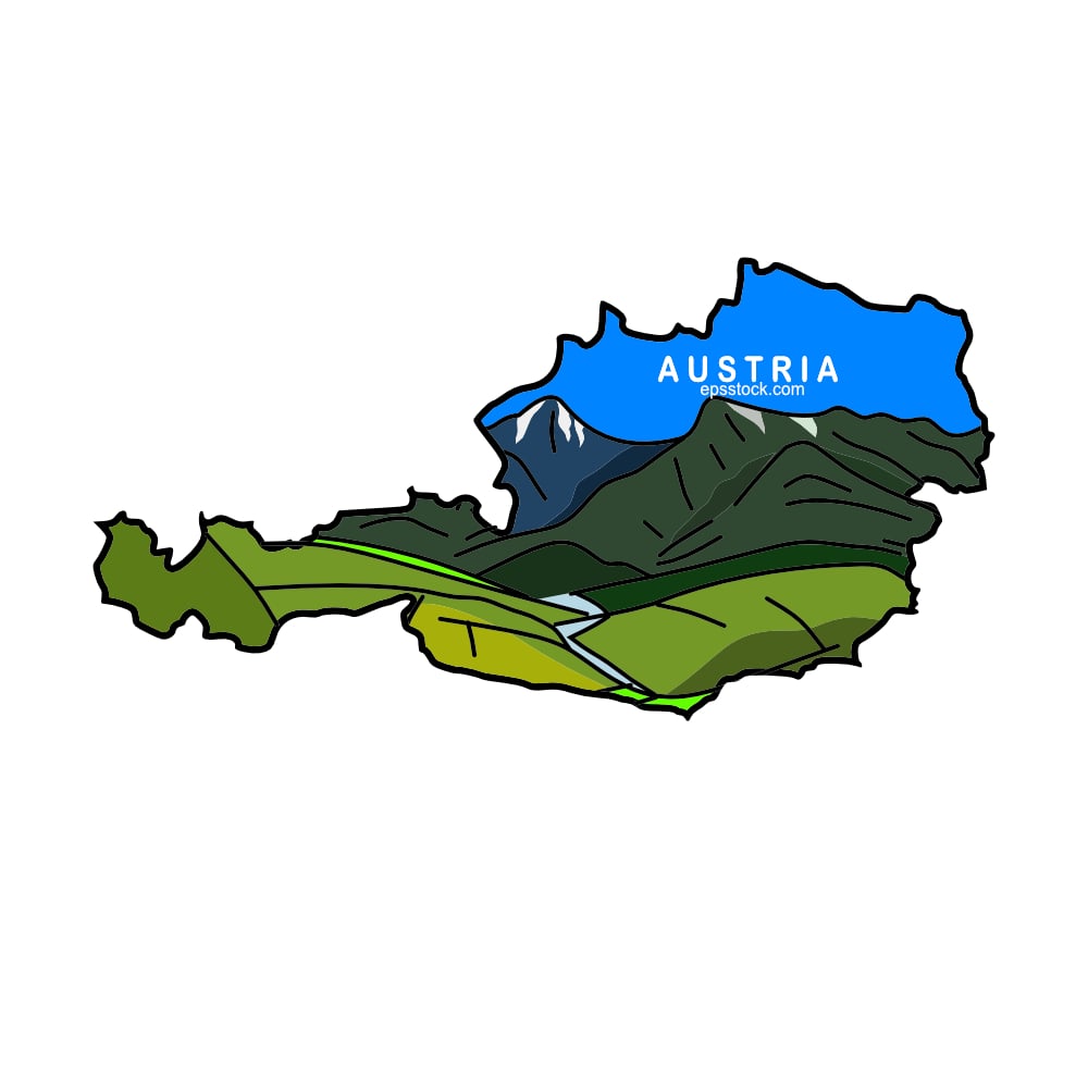 Tourism in Austria, map with landscape, color vector illustration