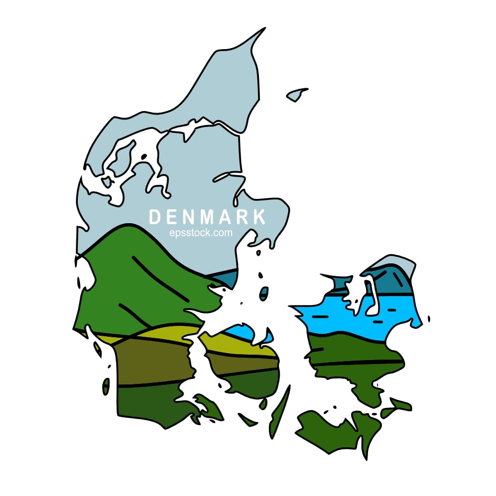 Tourism in Denmark, map with landscape, color vector illustration