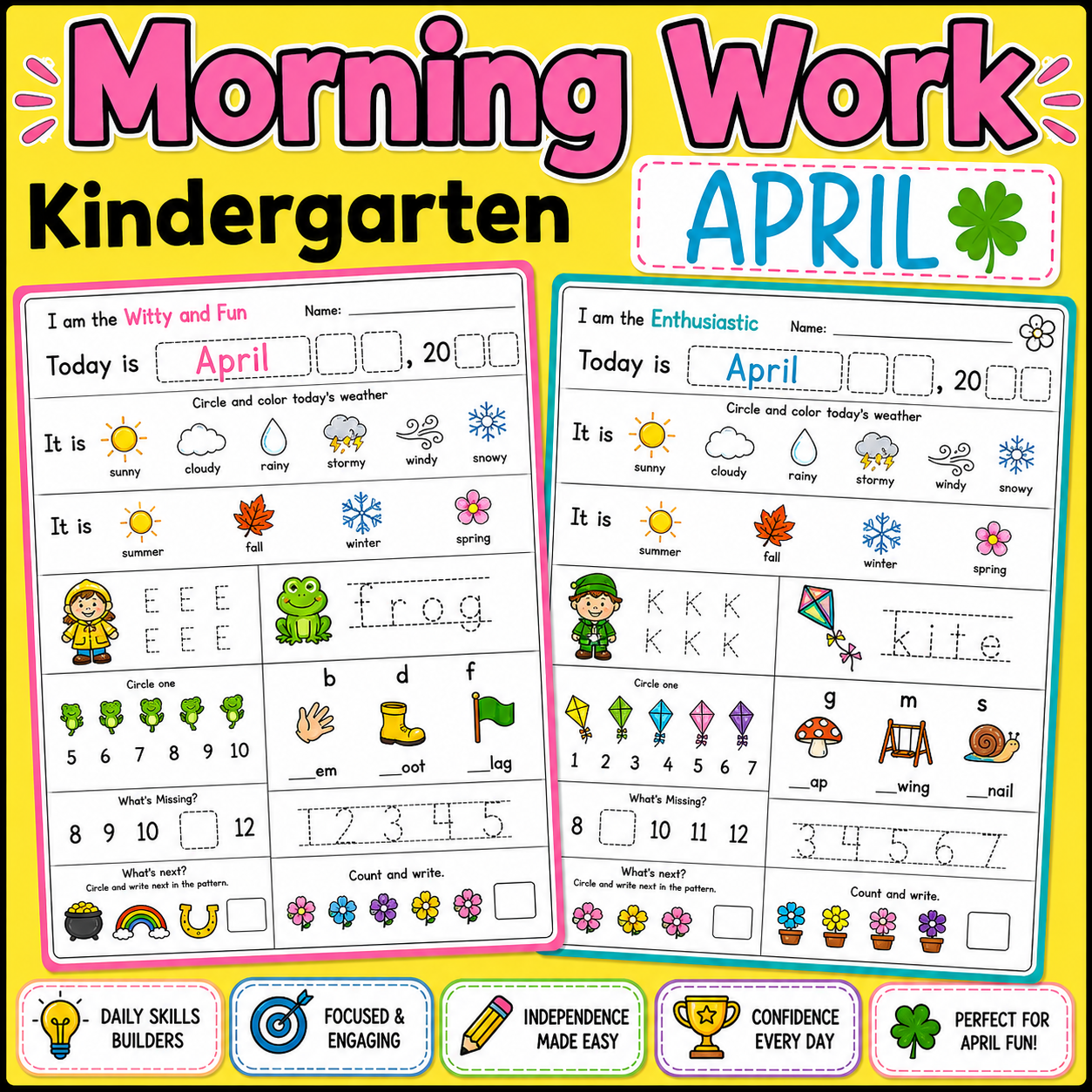 April Kindergarten Morning Work Math and ELA PDF and Digital