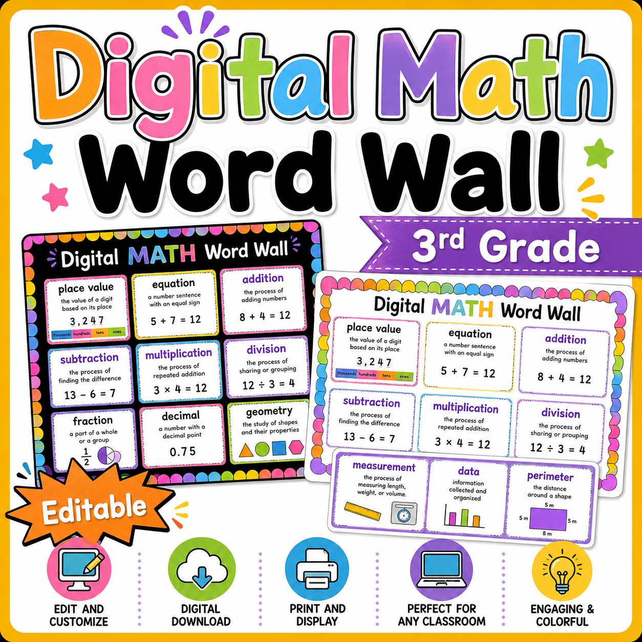 3rd Grade Digital Math Word Wall | Math Vocabulary & Classroom Display