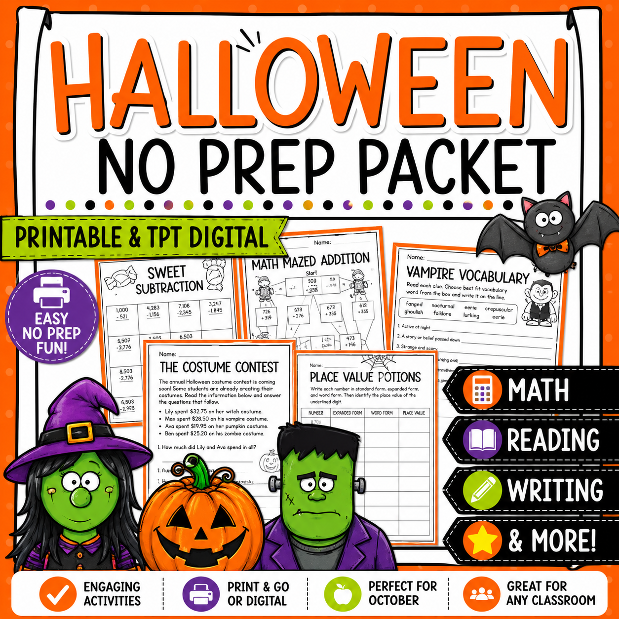 3rd Grade Halloween Math & Reading Worksheets | Halloween Activity Packet