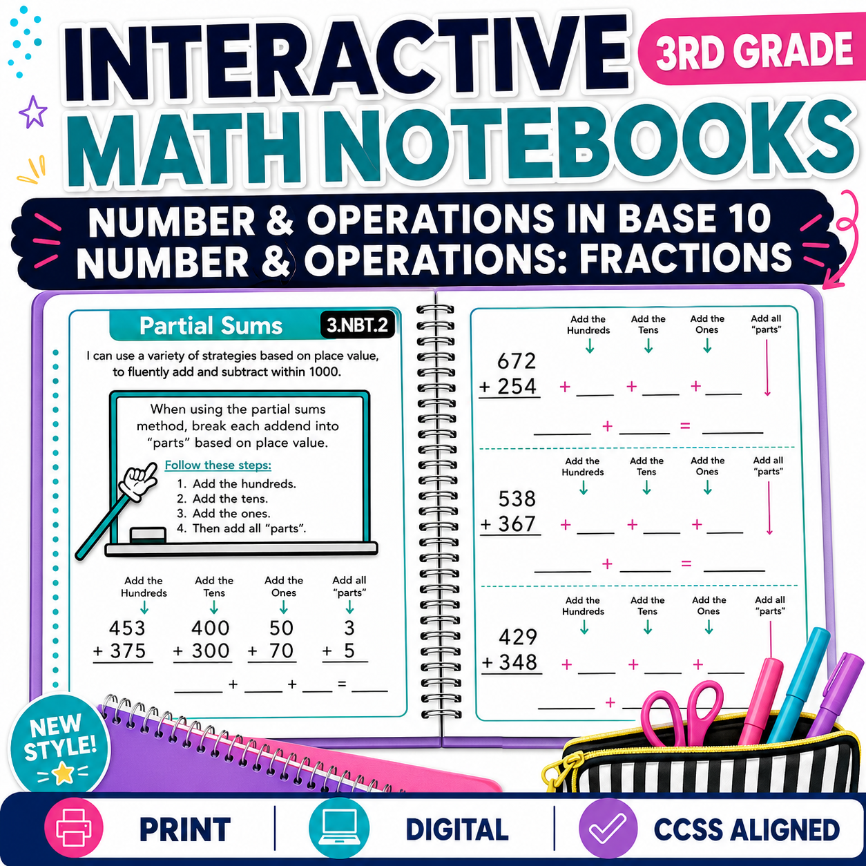 3rd Grade Math Interactive Notebook | Number Operations in Base 10 & Fraction Activities