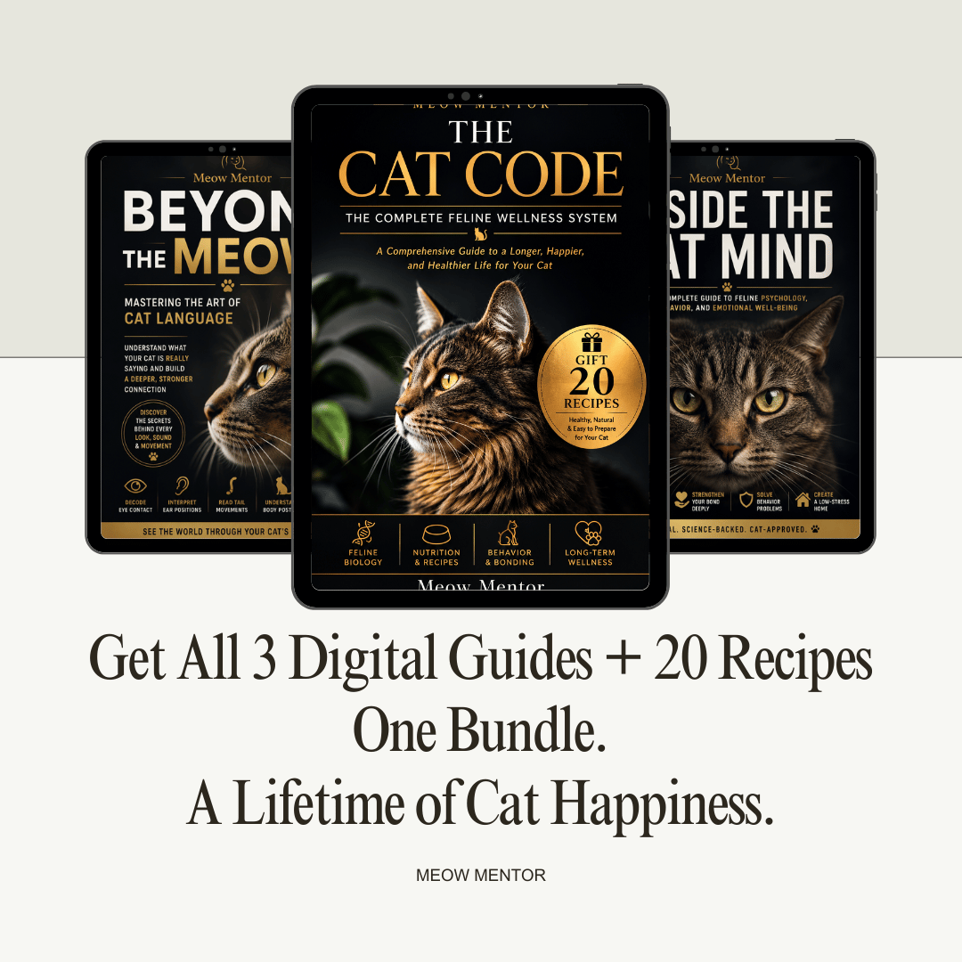 Meow Mentor complete cat care bundle – three ebook covers: The Cat Code, Beyond the Meow, Inside the Cat Mind, plus 20 recipes badge