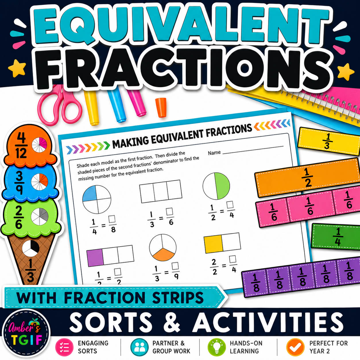 Equivalent Fractions Worksheets & Activities | Fraction Strips, Sorts & Printables