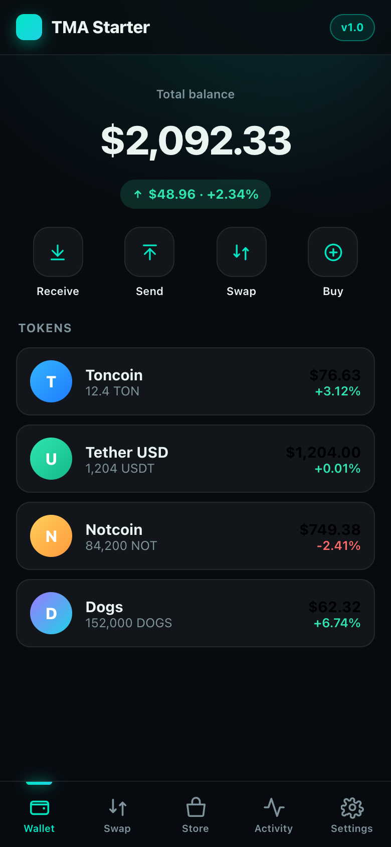 Telegram Mini App wallet home — balance and token list