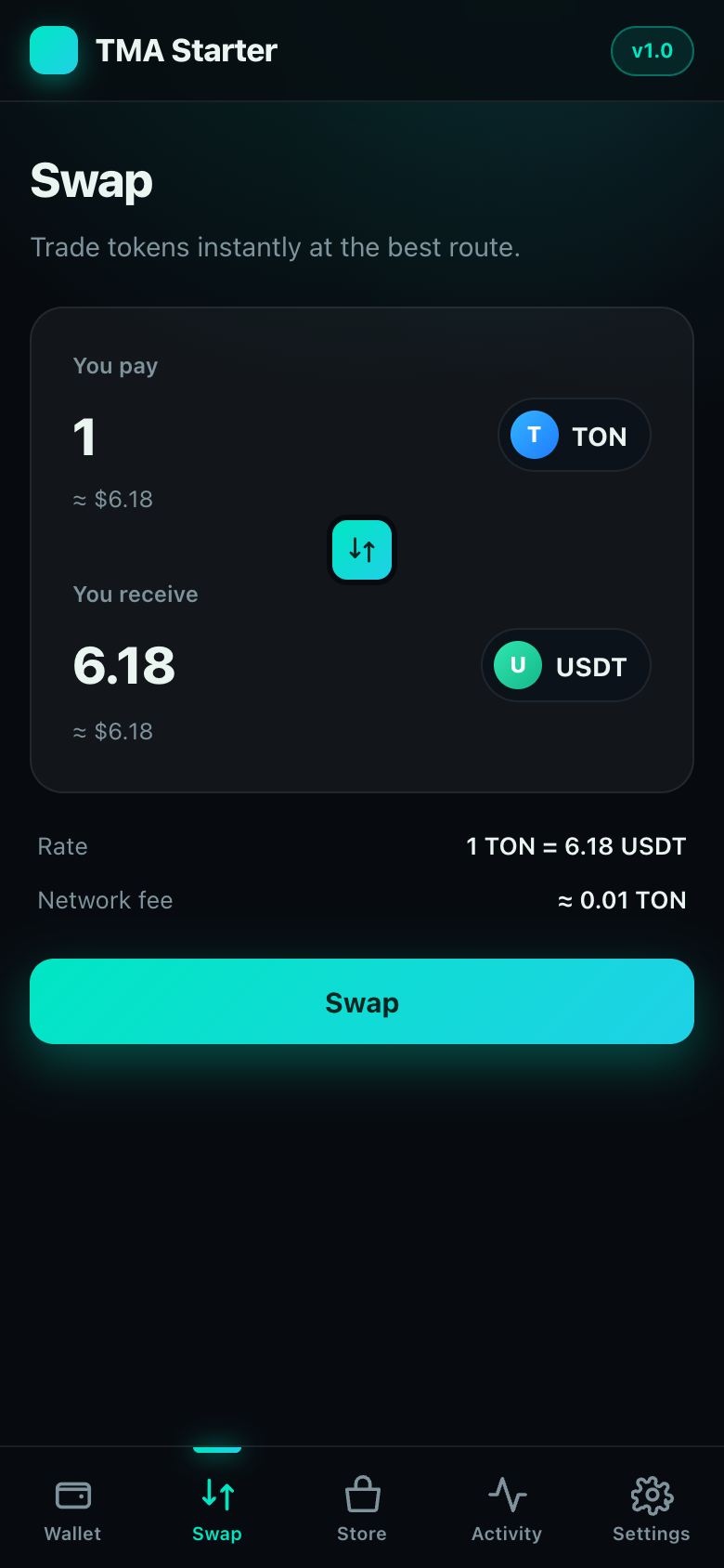 Token swap screen in the TMA Starter Telegram Mini App