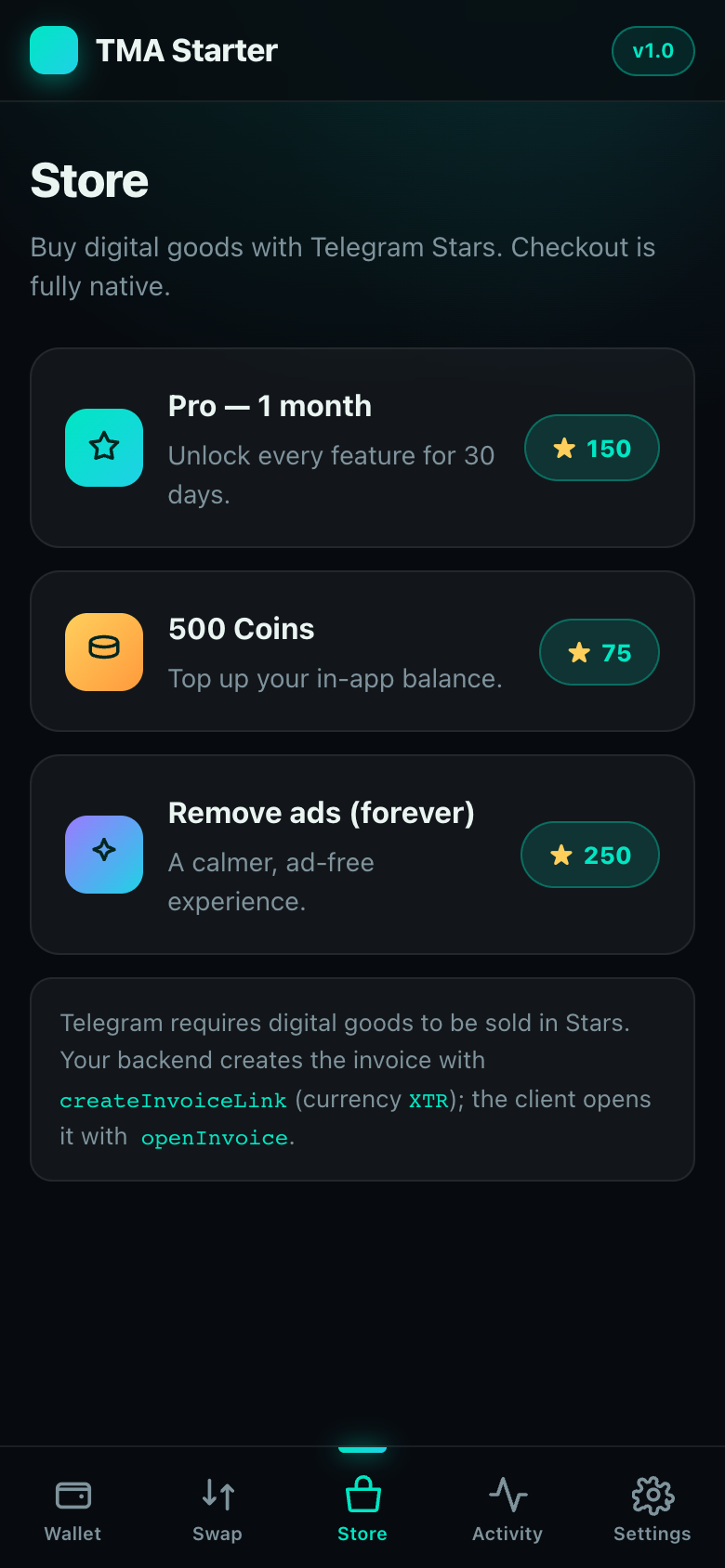 Telegram Stars in-app store / paywall screen
