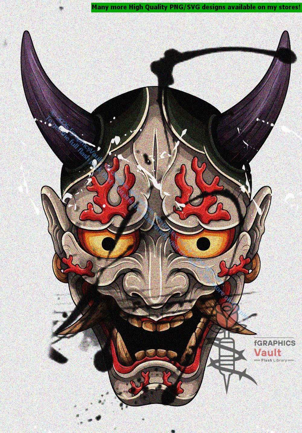 Collection of 17 Oni mask tattoo flash designs featuring traditional Japanese irezumi artwork, detailed demon mask motifs, and tattoo reference illustrations.