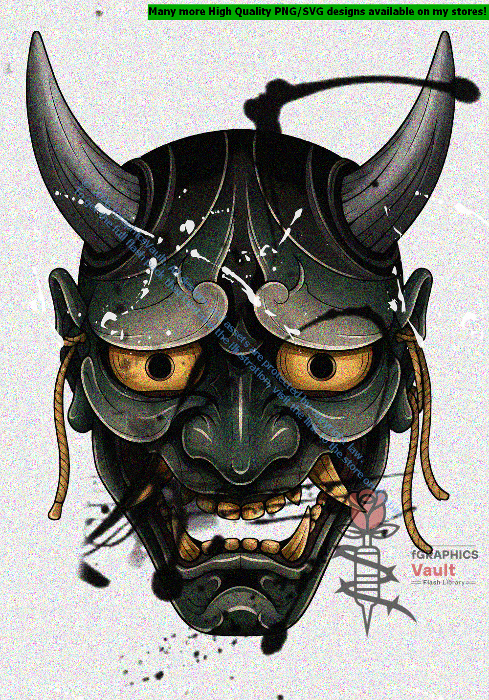 Collection of 17 Oni mask tattoo flash designs featuring traditional Japanese irezumi artwork, detailed demon mask motifs, and tattoo reference illustrations.