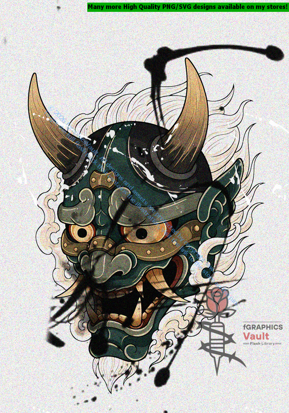 Collection of 17 Oni mask tattoo flash designs featuring traditional Japanese irezumi artwork, detailed demon mask motifs, and tattoo reference illustrations.