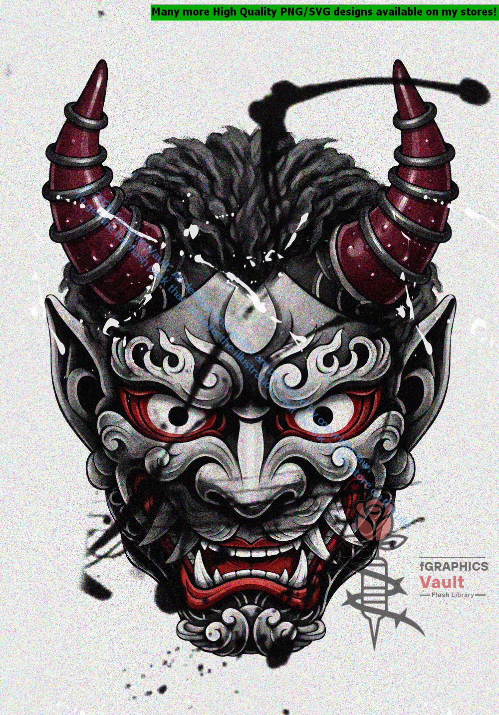 Collection of 17 Oni mask tattoo flash designs featuring traditional Japanese irezumi artwork, detailed demon mask motifs, and tattoo reference illustrations.