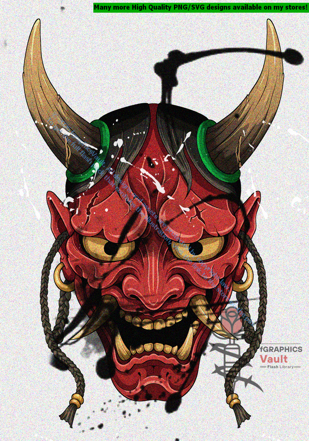 Collection of 17 Oni mask tattoo flash designs featuring traditional Japanese irezumi artwork, detailed demon mask motifs, and tattoo reference illustrations.