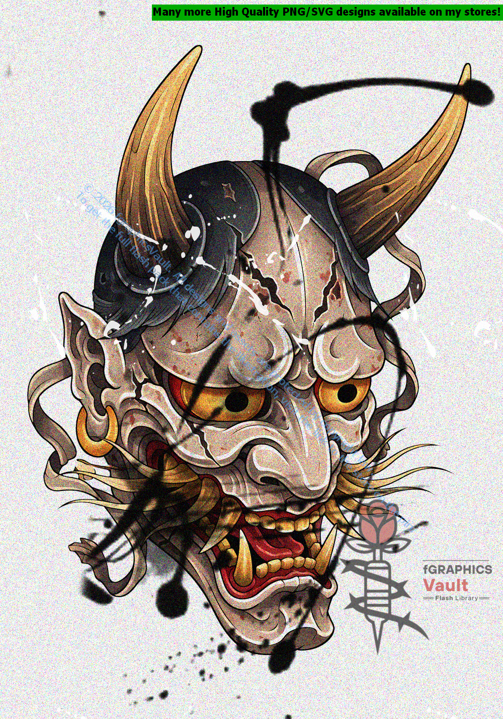 Collection of 17 Oni mask tattoo flash designs featuring traditional Japanese irezumi artwork, detailed demon mask motifs, and tattoo reference illustrations.