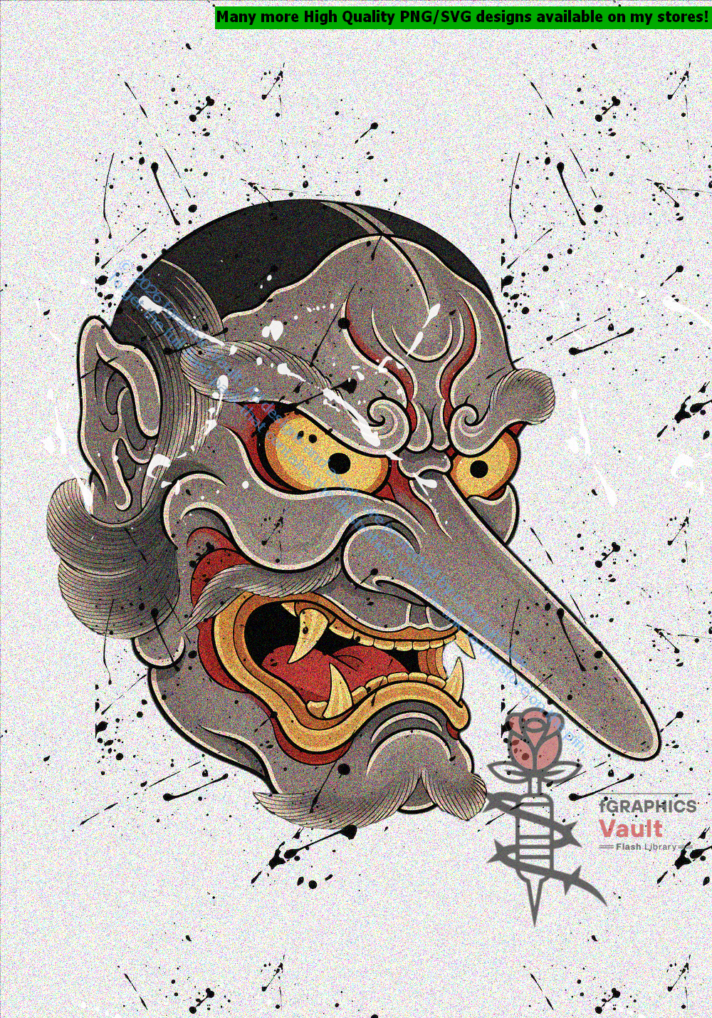 Collection of 34 Tengu tattoo flash motifs featuring traditional Japanese irezumi artwork, mythical yokai characters, and detailed tattoo reference designs.