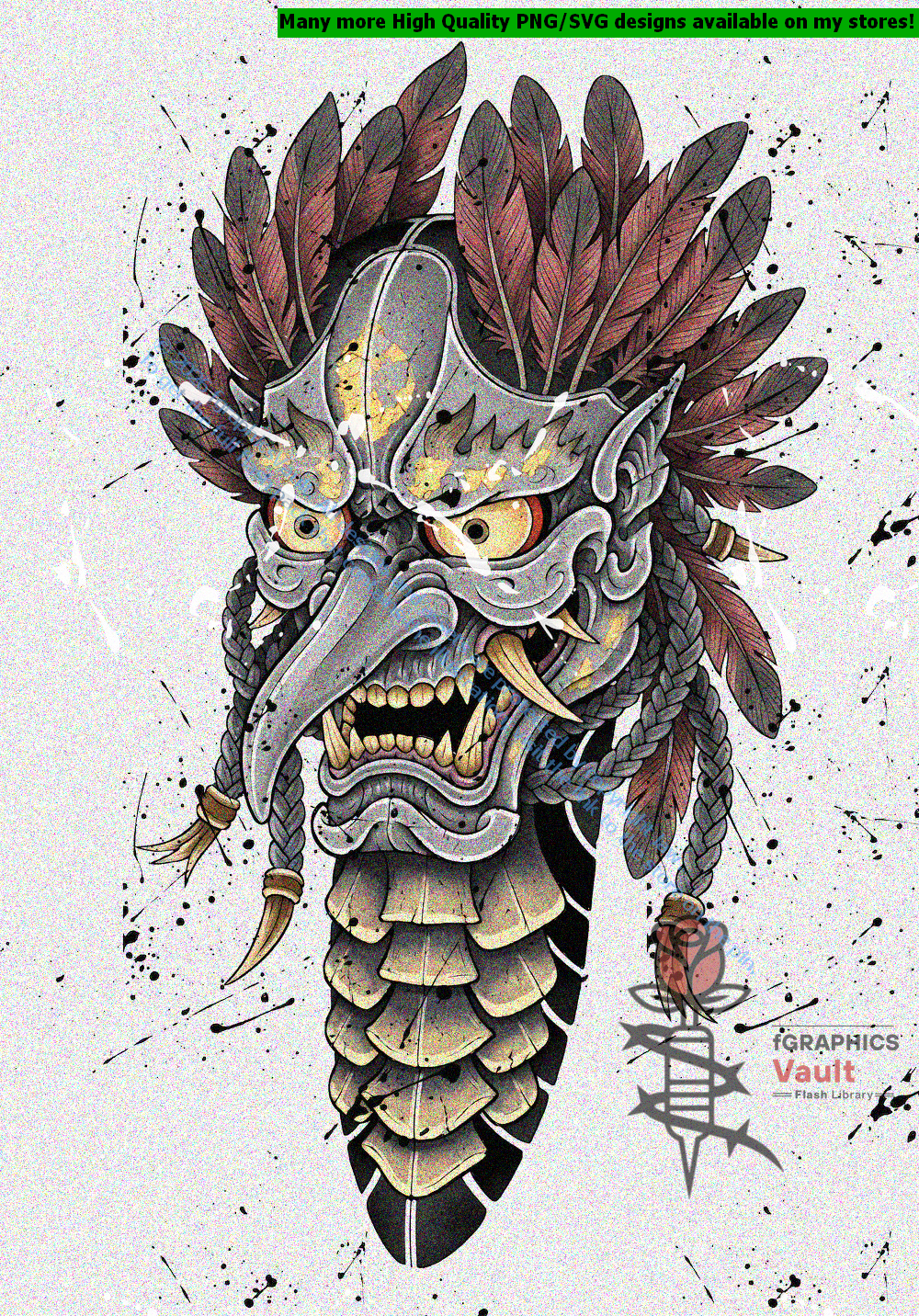 Collection of 34 Tengu tattoo flash motifs featuring traditional Japanese irezumi artwork, mythical yokai characters, and detailed tattoo reference designs.