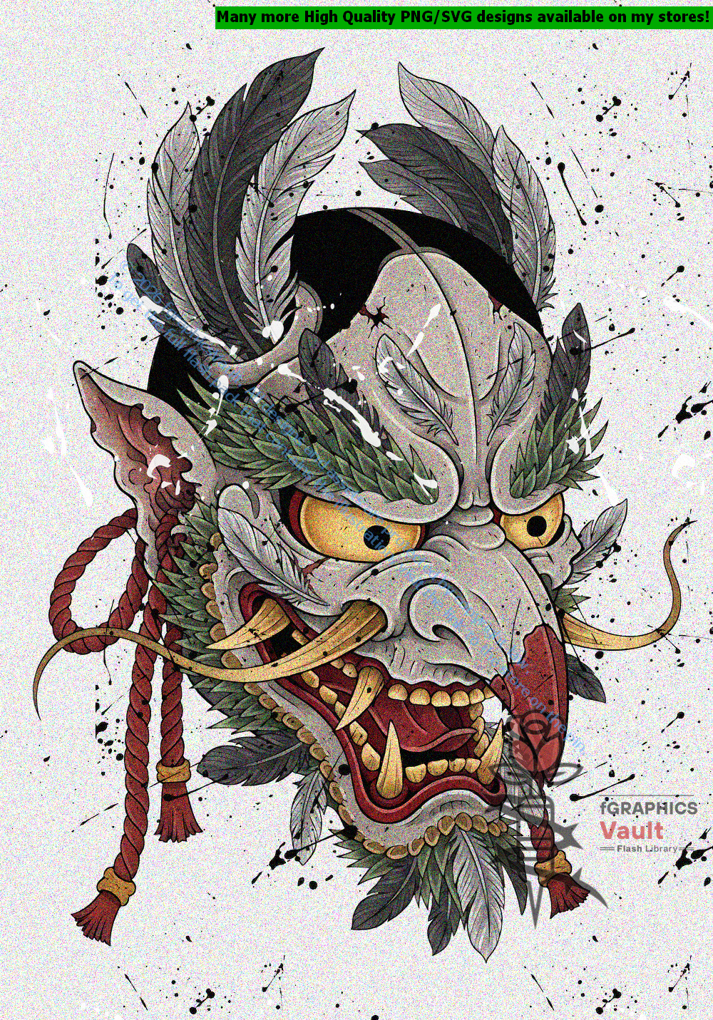 Collection of 34 Tengu tattoo flash motifs featuring traditional Japanese irezumi artwork, mythical yokai characters, and detailed tattoo reference designs.