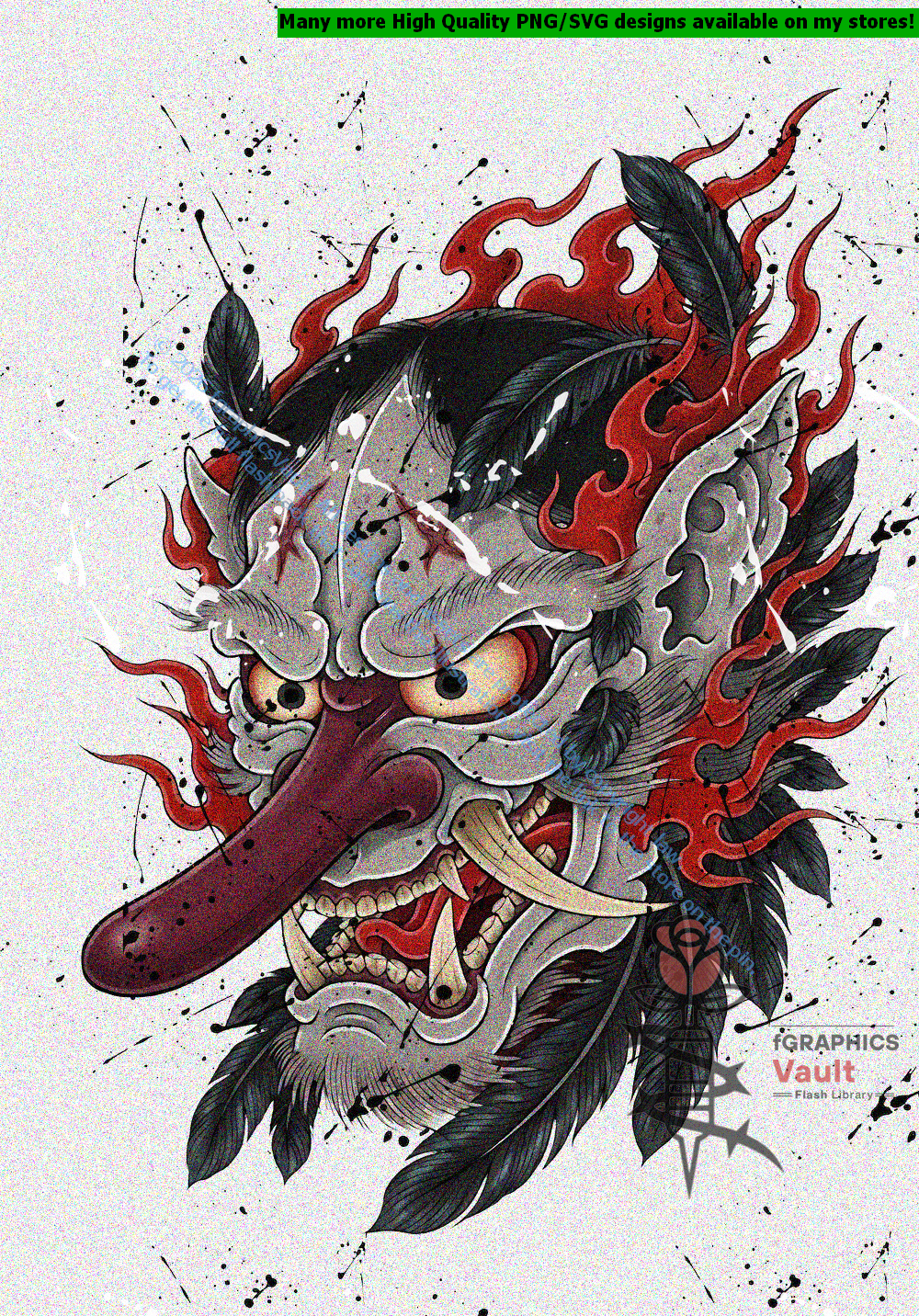 Collection of 34 Tengu tattoo flash motifs featuring traditional Japanese irezumi artwork, mythical yokai characters, and detailed tattoo reference designs.