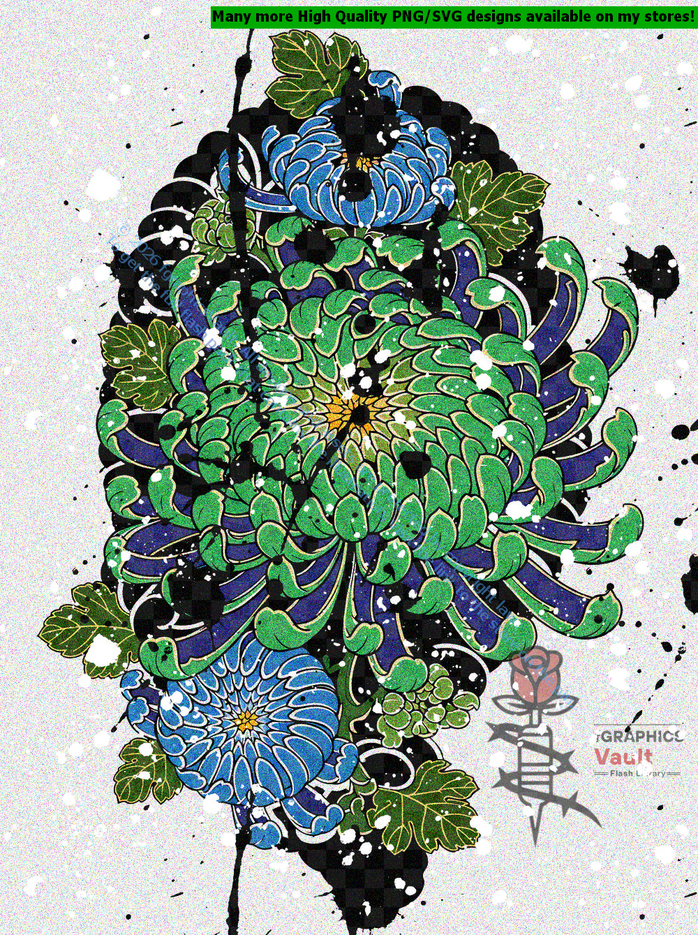 Collection of 20 Kiku chrysanthemum tattoo flash designs featuring traditional Japanese irezumi floral artwork, imperial flower motifs, and detailed tattoo reference illustrations.