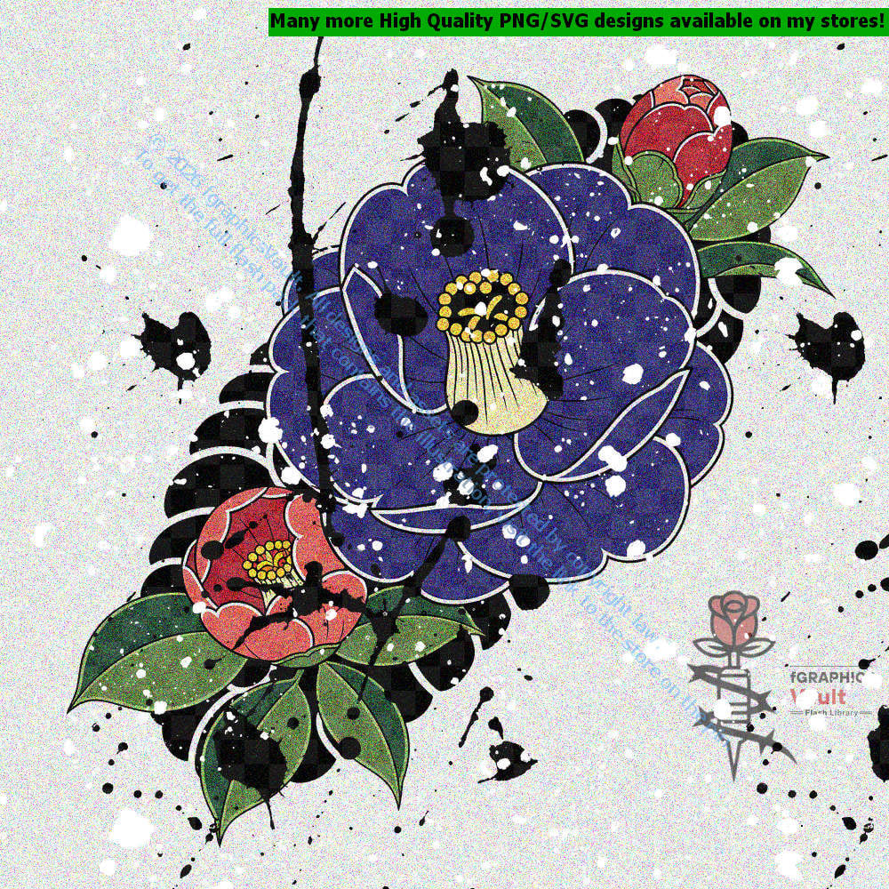 Collection of 12 Japanese camellia flower tattoo flash designs featuring traditional irezumi floral artwork, tsubaki motifs, and detailed tattoo reference illustrations.
