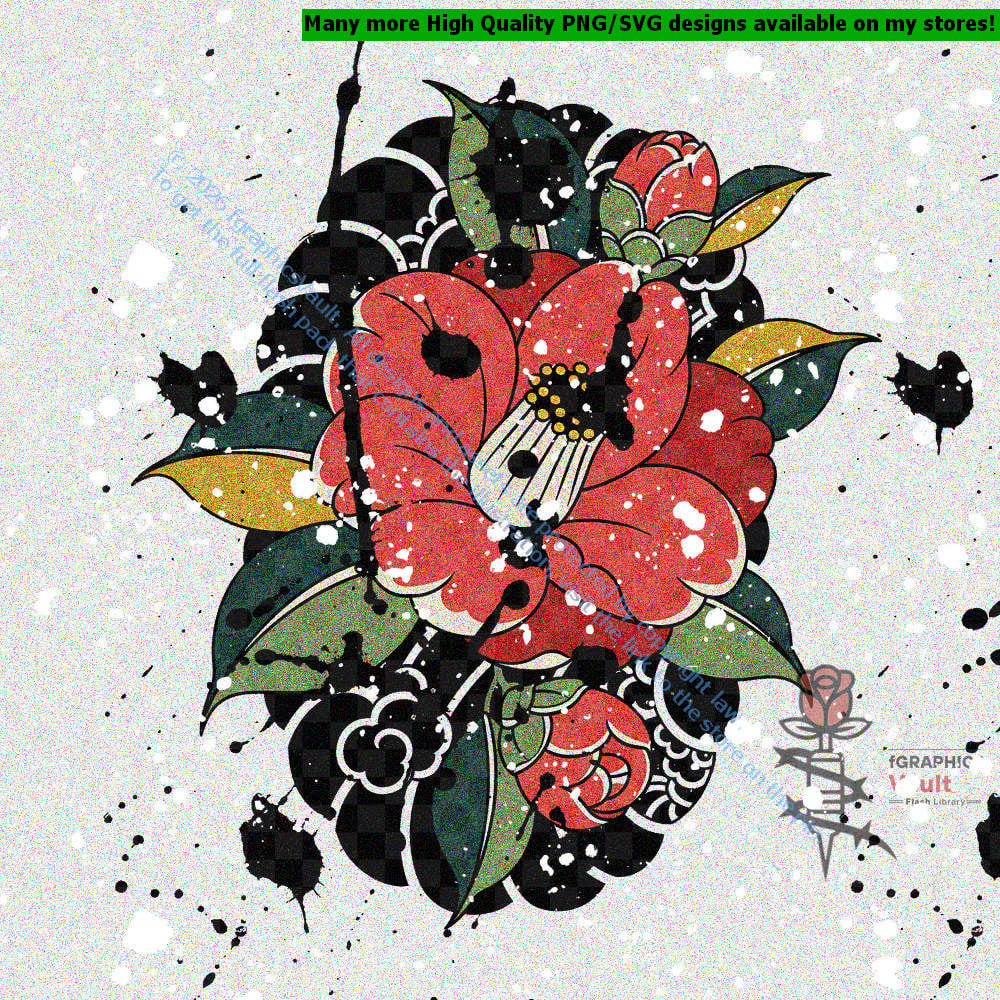 Collection of 12 Japanese camellia flower tattoo flash designs featuring traditional irezumi floral artwork, tsubaki motifs, and detailed tattoo reference illustrations.