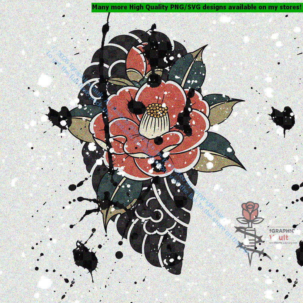 Collection of 12 Japanese camellia flower tattoo flash designs featuring traditional irezumi floral artwork, tsubaki motifs, and detailed tattoo reference illustrations.