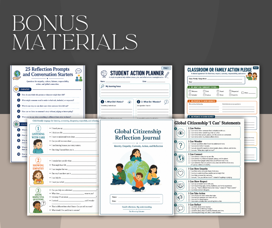 display of bonus materials for the book Global citizenship for kids
