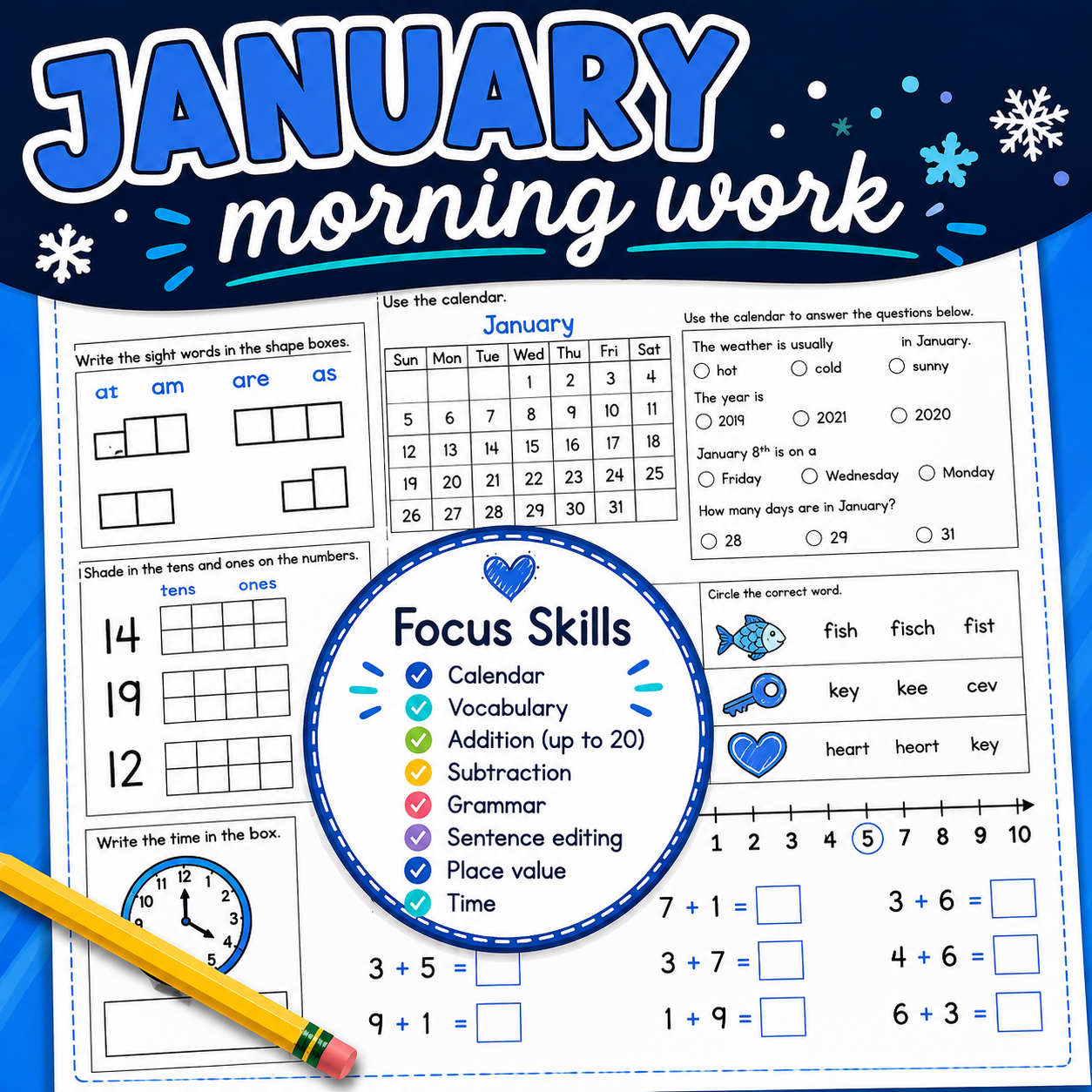 January Daily Skills Practice | Morning Work Worksheets & Review Activities
