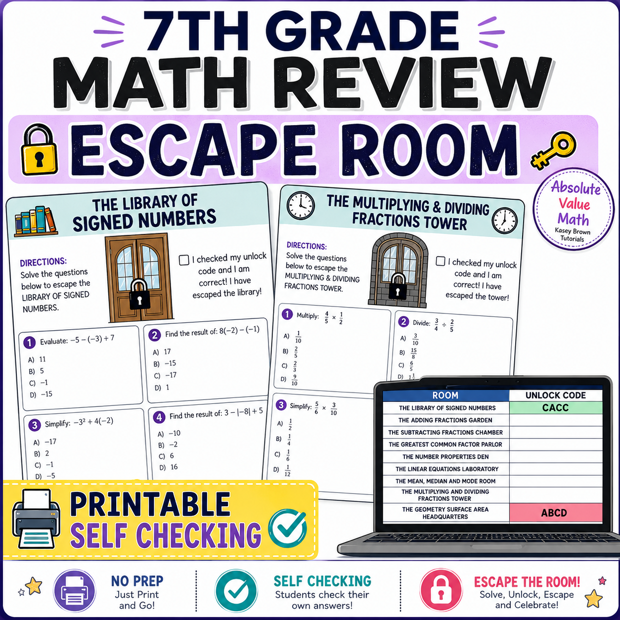 7th Grade Math Escape Room | End-of-Year Math Review Project & Activities