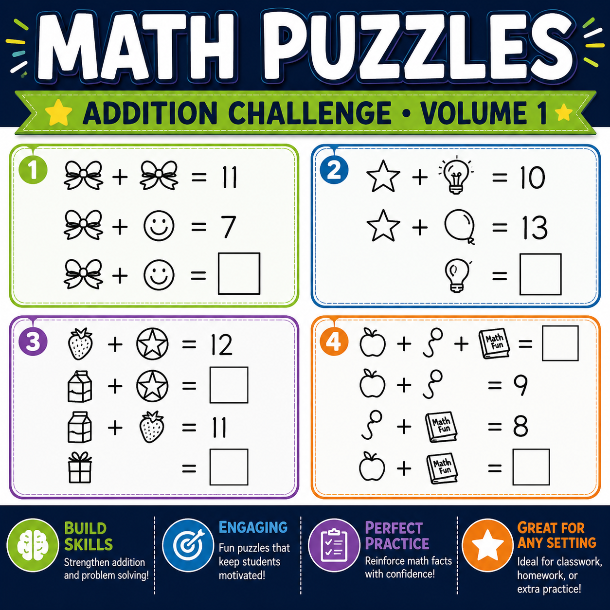 Math Logic Puzzles Addition Challenge Vol. 1 | Critical Thinking Math Activities
