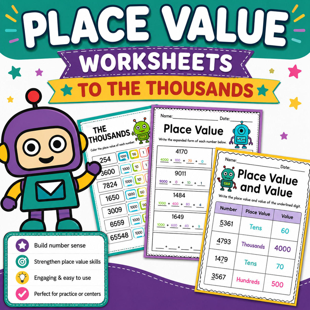 Robot-Themed Place Value Worksheets to the Thousands | Fun Math Activities