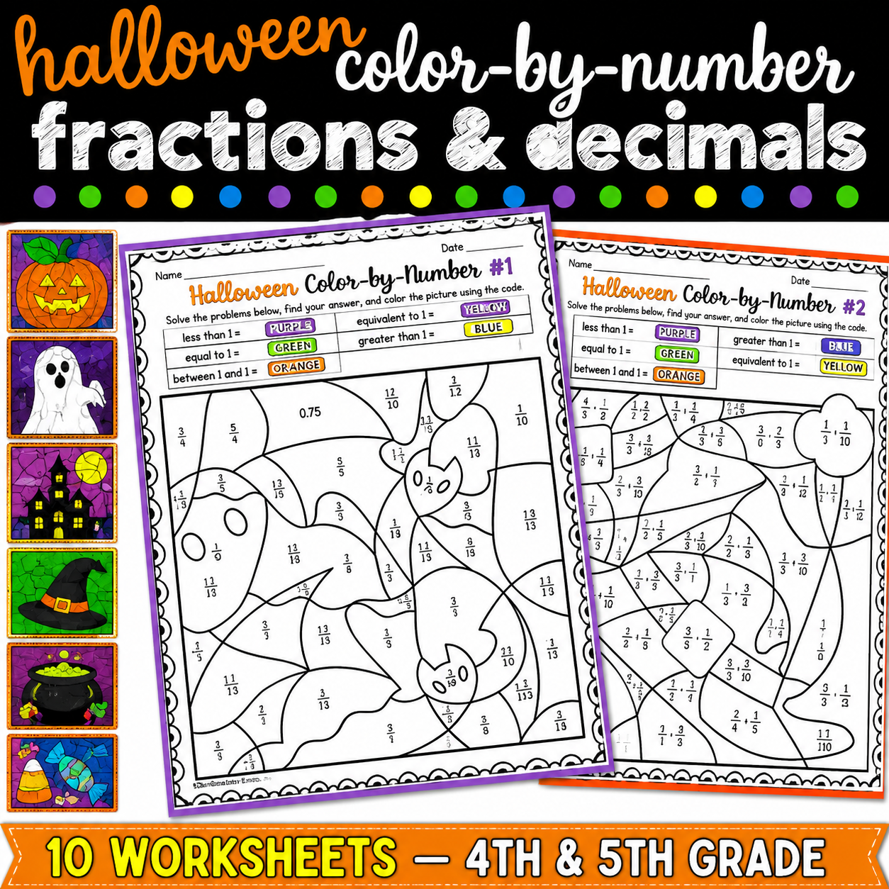 Halloween Fractions & Decimals Math Activity | Color-by-Number Worksheets
