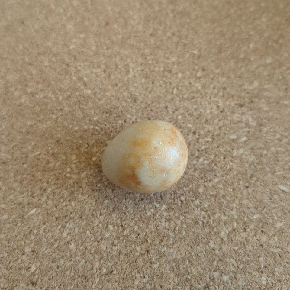 An off-white egg with orange splotches concentrated around the wider end