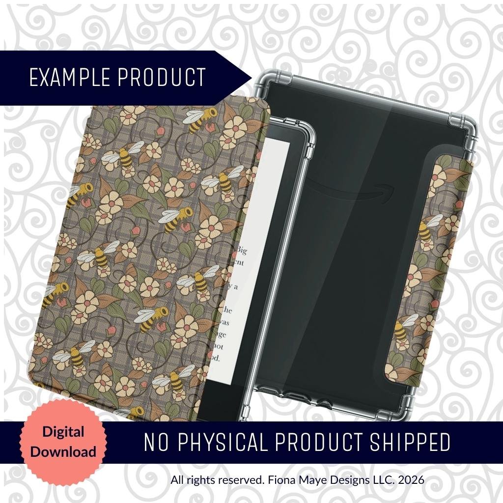 Mock‑up of an e‑reader cover featuring a repeating bee and floral pattern on a muted plaid background, labeled Example Product and Digital Download.