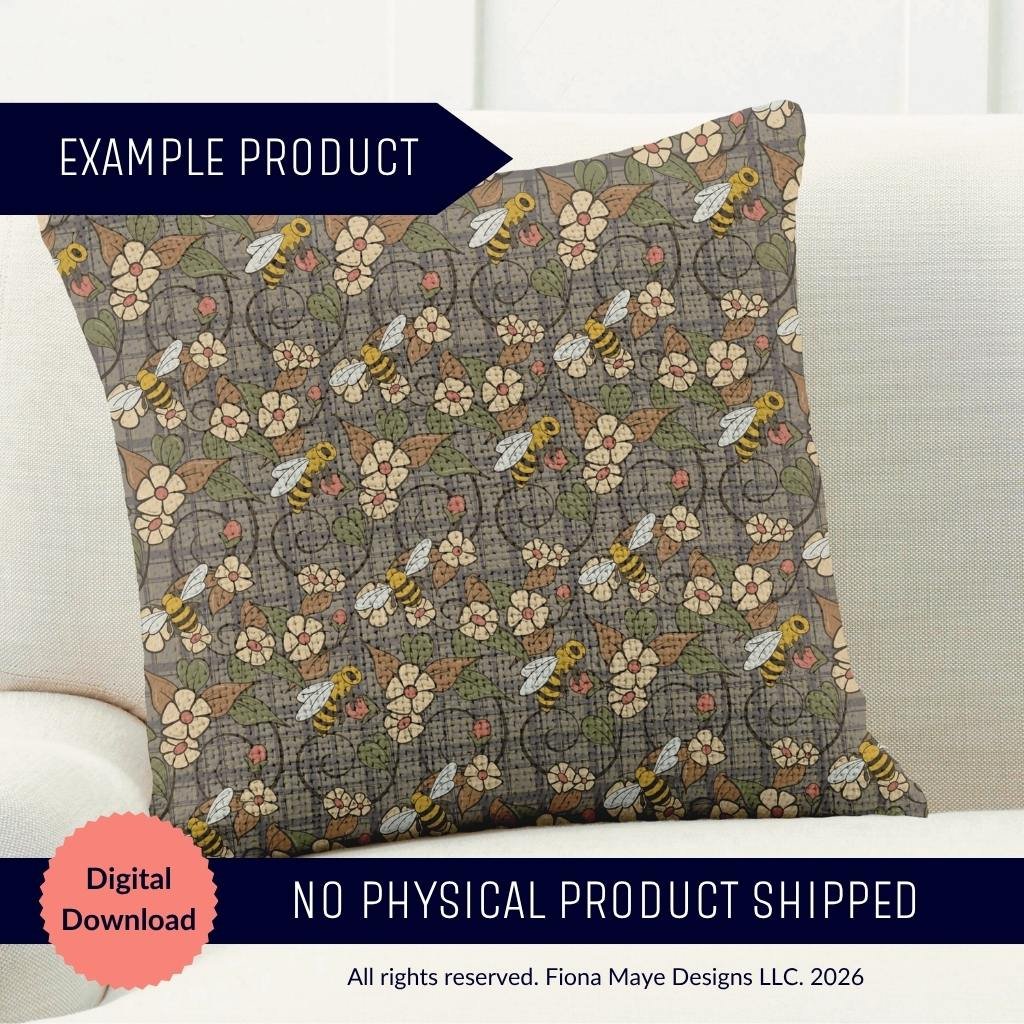 Decorative pillow featuring a repeating bee and floral pattern on a muted plaid background, labeled Example Product and Digital Download.