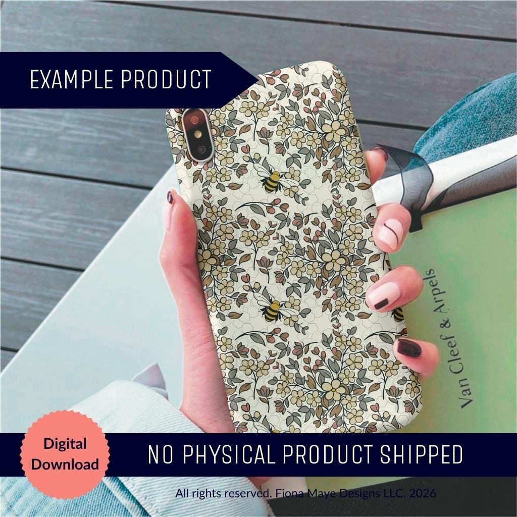 Mock‑up of a hand holding a smartphone with a case featuring the Golden Hour bee and floral pattern in warm honey and neutral tones, labeled Digital Download.