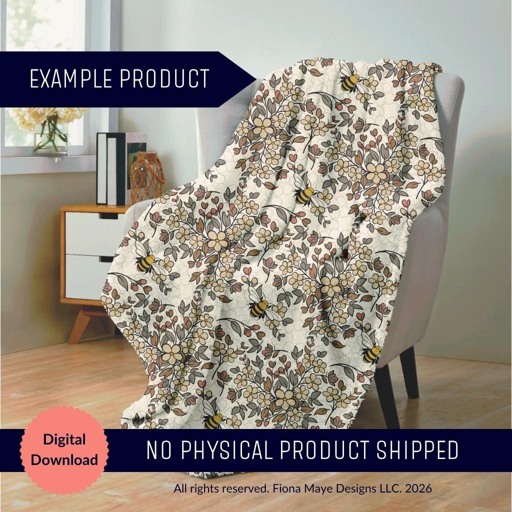 Mock‑up of a cozy blanket draped over a chair featuring the Golden Hour bee and floral pattern in warm honey and neutral tones, labeled Digital Download.