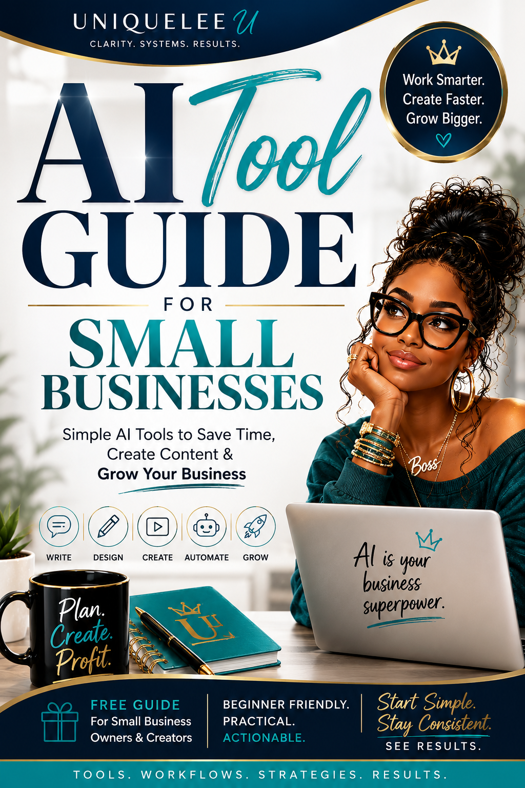AI guide small business AI ChatGPT for business AI for entrepreneurs AI tools beginner AI AI for content creators business productivity digital products content creation social media tools AI marketing small business tools women entrepreneurs AI workflow