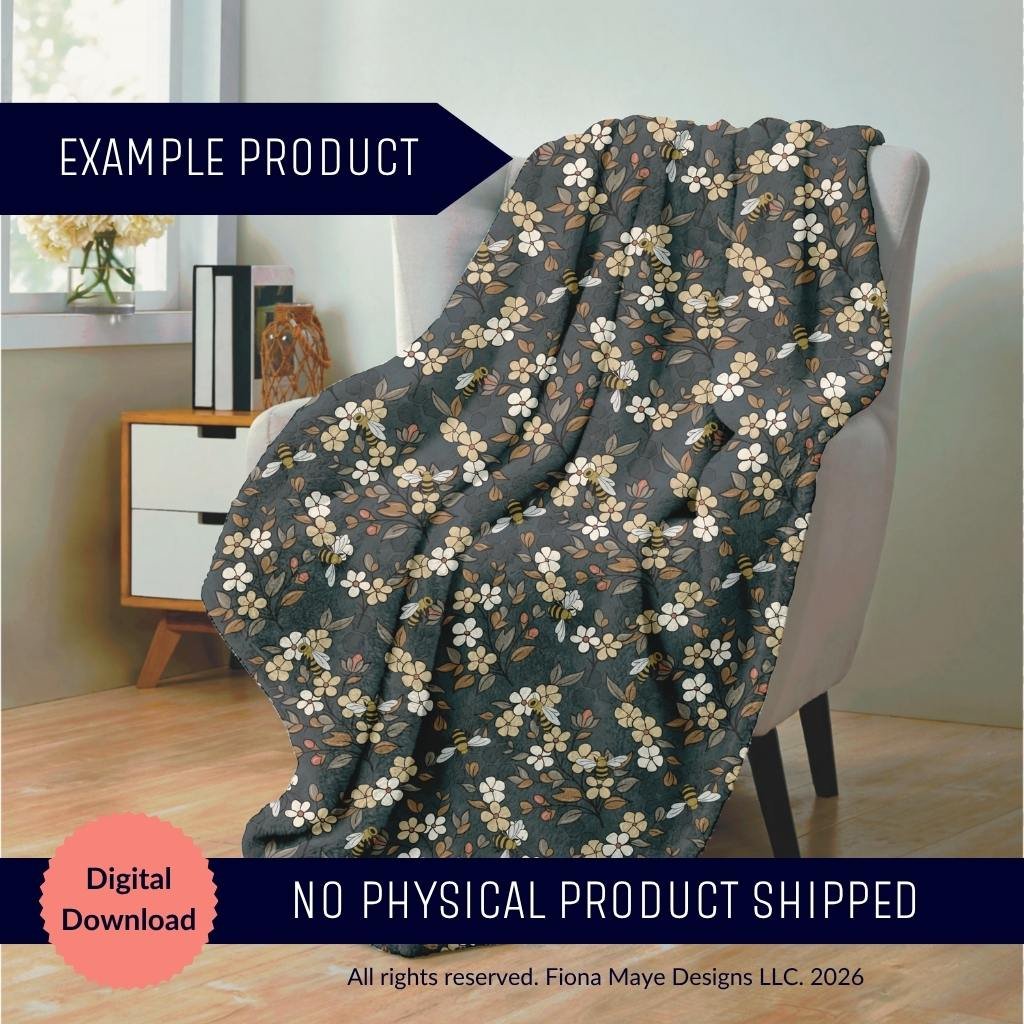 Mock‑up of a cozy blanket draped over a chair featuring the Wild Nectar bee and floral pattern in warm neutrals on a textured dark background, labeled Digital Download.