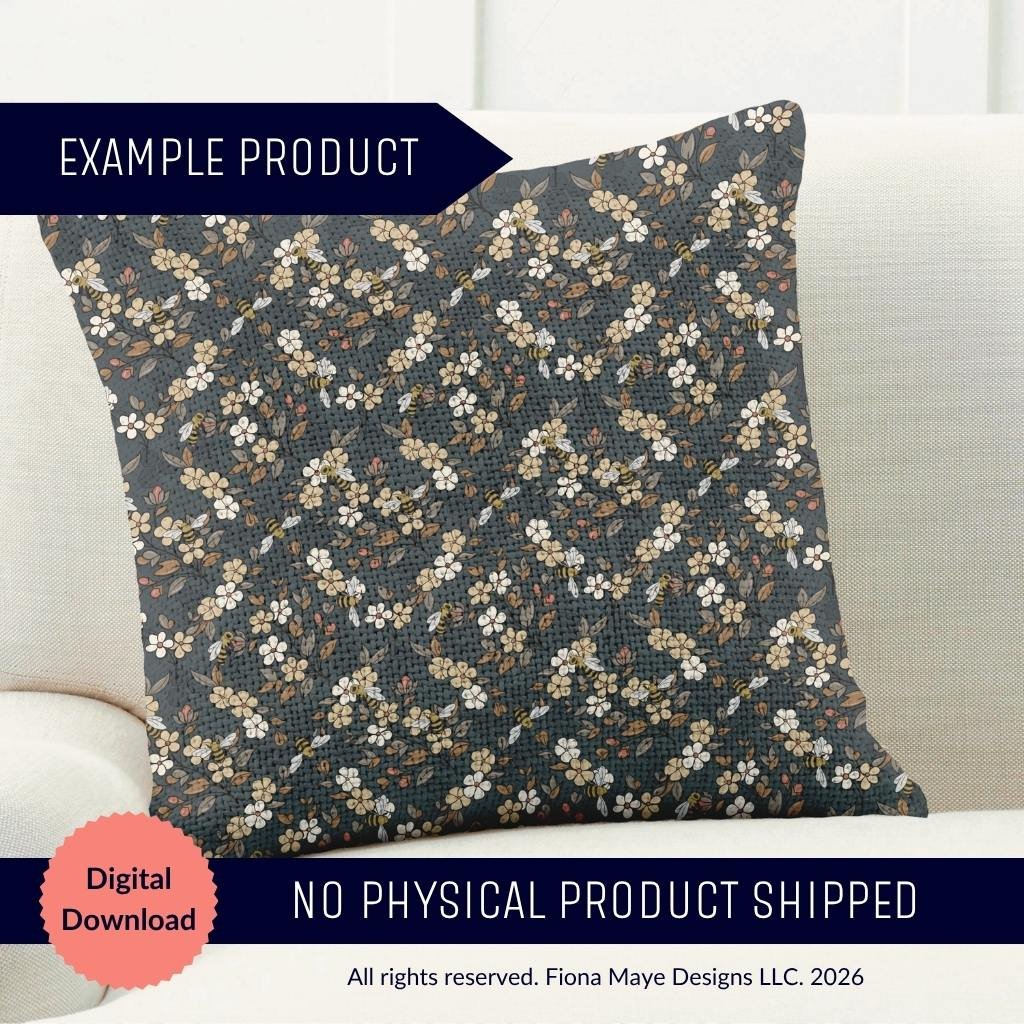 Mock‑up of a square pillow on a light sofa featuring the Wild Nectar bee and floral pattern in warm neutrals on a textured dark background, labeled Digital Download.
